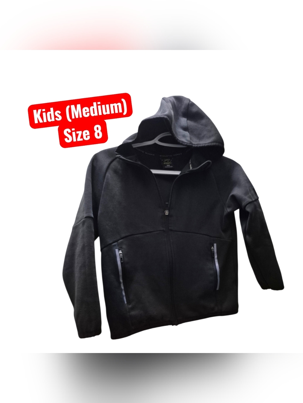 Kids Black Hooded Zip-Up Jacket | Size 8, Medium ATLETHIC WORKS Brand